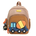 Brown and beige kids backpack featuring 3D blue cement mixer truck design for boys - Khaki With Pendant
