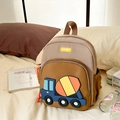 Kids beige and brown backpack with blue cement mixer truck cartoon patch for school - Khaki Naked Bag