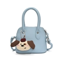 Mini light blue textured leather handbag for girls with a cute puppy plush charm - Blue (With Charm)