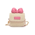 Mini beige strooien schoudertas met grote roze strik en gouden metalen ketting - Roze