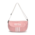 Pink striped children crossbody bag with white orin lettering and adjustable strap - Pink