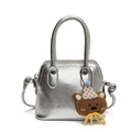 Silver mini handbag for girls with a cute brown bear charm and cross-body strap - Silver (With Pendant)