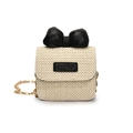 Mini geweven crossbodytas voor kinderen in beige met grote zwarte strik en gouden ketting - Zwart