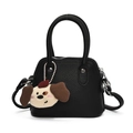 Mini black lychee leather girl handbag with cute plush puppy charm and shoulder strap - Black (With Charm)