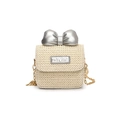 Mini beige straw crossbody bag for children featuring a metallic silver bow and chain - Silver