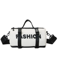White cylindrical kids crossbody bag with black straps and bold FASHION letter print - Off White