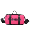 Neon pink cylindrical kids crossbody bag with black straps and FASHION lettering - Rose Red