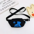Black canvas kids chest bag with blue cartoon bear print and adjustable strap - Black