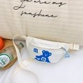 White canvas waist bag for kids featuring a cute blue cartoon bear print and blue zipper - White