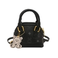 Black mini shell bag for kids with cute bear prints and a detachable bear pendant - Solid Black