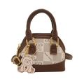 Mini brown checkerboard shell bag with cartoon bear print and leather shoulder strap - Coffee and Beige