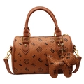 Brown leather kitten print Boston bag with dog charm and gold hardware for women - Large With Pendant / Brown