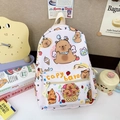 White checkered school backpack with cute cartoon capybara prints and large capacity - White