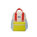 Sac à dos enfant bicolore beige avec poche jaune et bretelles rouges pour l'école - Petit / Poche zippée