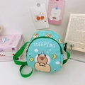 Mint green Capybara cartoon crossbody bag for kids featuring a cute sleeping print - Green