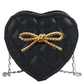 Black heart-shaped crossbody bag for girls with quilted pattern and gold bow charm - Black