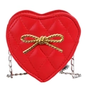Quilted red heart-shaped girls crossbody bag with a golden bow and silver chain strap - Red