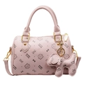 Pink Boston style handbag featuring cute cat prints and a decorative dog charm - Large With Pendant / Purple