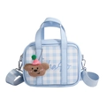 Sky blue gingham small handbag for kids with a cute brown plush bear charm accessory - Blue