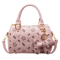 Light pink kitty print satchel bag with litchi grain texture and gold hardware details - Large With Pendant / Pink
