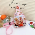Pink checkered kids crossbody bag with cute cartoon capybara print and woven strap - Pink