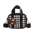Mini black and white checkered kids handbag with cute brown bear charm and shoulder strap - Black