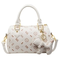 Cream white Boston bag with cute cat prints, golden hardware and matching kitten charm - Large With Pendant / White