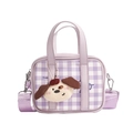 Purple checkered mini handbag for kids with a cute plush puppy pendant and shoulder strap - Purple