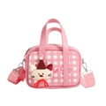 Pink checkered mini handbag for girls with cute cat plush pendant and shoulder strap - Pink