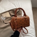 Brown Boston handbag featuring cute cat print and textured faux leather finish - Large Without Pendant / Brown