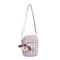 Lavender plaid toddler crossbody bag with plush puppy pendant and Mina So logo - Purple