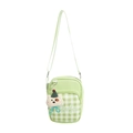 Kids plaid crossbody bag in fresh green PU leather with a cute plush bear charm - Green