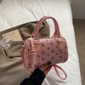 Pink Boston handbag with cute cat prints and golden hardware, shown in a stylish setup - Large Without Pendant / Pink