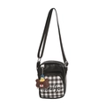 Kids black leather crossbody bag with plaid pocket and cute brown bear pendant charm - Black