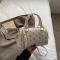 Chic cream Boston bag featuring cat prints and top handles with a stylish shoulder strap - Large Without Pendant / White
