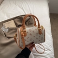 White Boston bag with cat and bow prints featuring brown handles and gold hardware - Large Without Pendant / Khaki