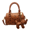 Brown Boston bag with cat print, litchi texture, double handles and puppy charm - Small With Pendant / Brown