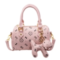 Pink Boston bag with cat print, matching puppy charm and adjustable strap - Small With Pendant / Pink
