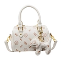 White Boston handbag with cute cat print, gold hardware, and a dog-shaped charm - Small With Pendant / White