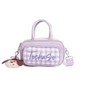 Purple gingham mini shoulder bag with cute dog plush charm for girls and children - Purple