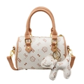 White mini boston bag featuring cute cat prints and a decorative dog-shaped pendant - Small With Pendant / Khaki