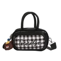 Kids' black checkered shoulder bag with cute teddy bear keychain and double handles - Black