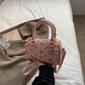 Pink Boston handbag with cute black cat print and litchi texture for women - Small Without Pendant / Purple