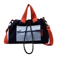 Three-color canvas drawstring bucket bag in blue and orange with shoulder strap - Dark Blue