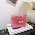 Pink sequin mini crossbody bag for kids with pearl zipper charms and gold chain strap - Pink