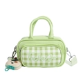 Green plaid mini handbag for children with cute teddy bear charm and detachable strap - Green
