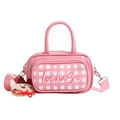 Pink checkered crossbody bag for kids with cute cat plush keychain and adjustable strap - Pink