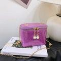 Purple glitter box shoulder bag for kids with golden chain strap and pearl zipper - Purple