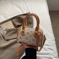 White Boston bag with cute cat print, brown leather handles and golden hardware - Small Without Pendant / Khaki