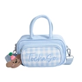 Light blue plaid toddler handbag with adjustable strap and cute brown bear pendant - Blue